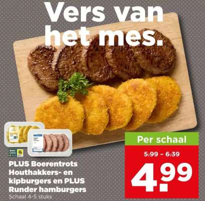 PLUS Boerentrots Houthakkers- en kipburgers en PLUS Runder hamburgers