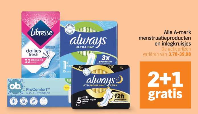 Alle A-merk menstruatieproducten en inlegkruisjes
