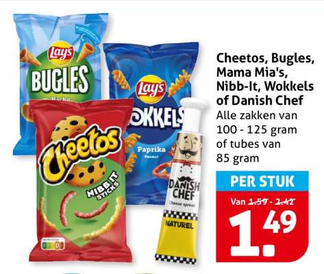 Cheetos, Bugles, Mama Mia's, Nibb-It, Wokkels of Danish Chef