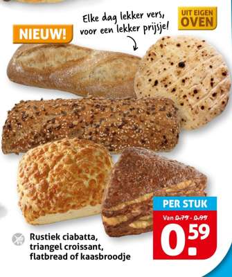 Rustiek ciabatta, triangel croissant, flatbread of kaasbroodje