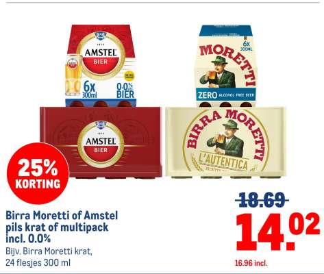 Birra Moretti of Amstel pils krat of multipack incl. 0.0%