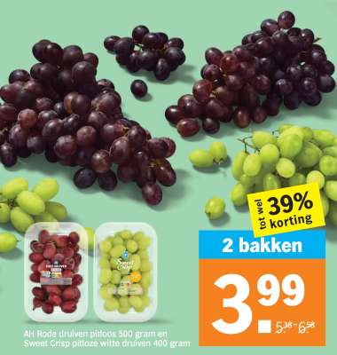 AH Rode druiven pitloos 500 gram en Sweet Crisp pitloze witte druiven 400 gram
