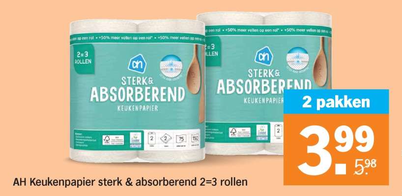 AH Keukenpapier sterk & absorberend 2=3 rollen