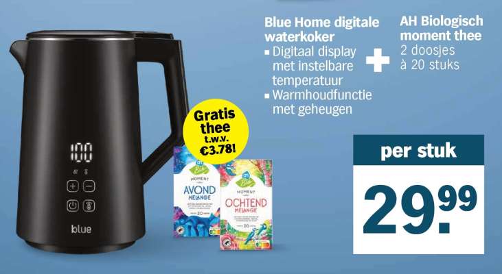 Blue Home digitale waterkoker + AH Biologisch moment thee