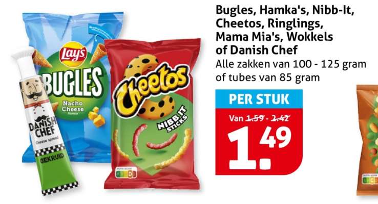 Bugles, Hamka's, Nibb-It, Cheetos, Ringlings, Mama Mia's, Wokkels of Danish Chef